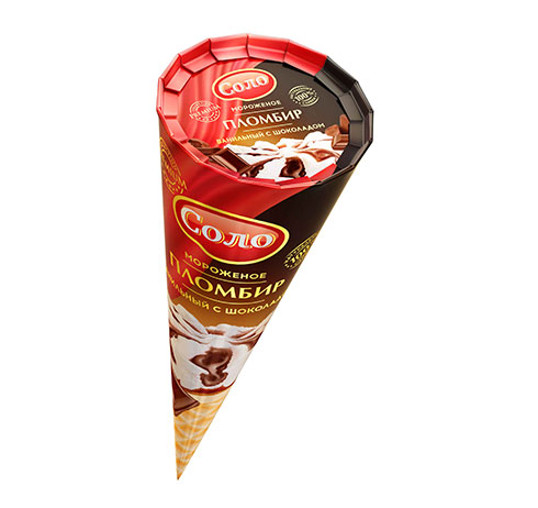 Мороженое «Соло» Пломбир в вафельном рожке с шоколадом